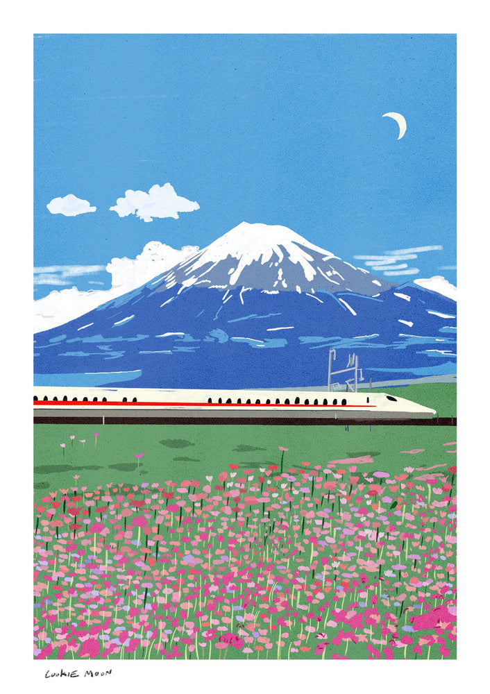 Crossing Fuji Mountain מאת קוקי מון — רכבת מול הר פוג׳י ושדה פרחים ורודים