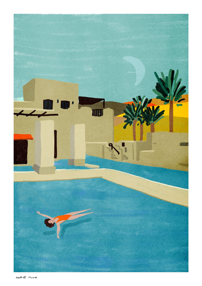 Floating under the sun 2020 מאת קוקי מון — דמות צפה במי טורקיז לצד וילה בהירה, עמודים גבוהים ודקלים. קווים גיאומטריים וגוונים חמים יוצרים אווירה של חופשת קיץ שלווה.
