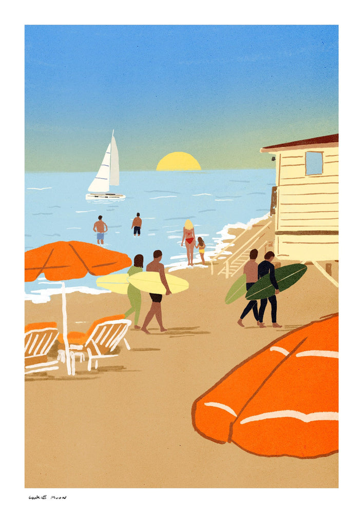 Tel Aviv Beach מאת קוקי מון — שמשיות כתומות, גולשים עם גלשנים וסירת מפרש קטנה נפגשים בחוף תל אביב. גוני כחול וחול חם ממלאים את האיור באווירה של יום קיץ ליד הים.
